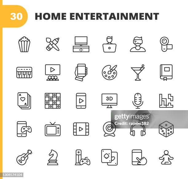 ilustraciones, imágenes clip art, dibujos animados e iconos de stock de iconos de la línea de entretenimiento en casa. trazo editable. pixel perfecto. para móviles y web. contiene iconos como palomitas de maíz, películas, suministros de arte, pintura, dibujo, cámara, teclado, móvil, libros de lectura, póquer, damas, ví - pasatiempos