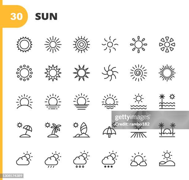 ilustraciones, imágenes clip art, dibujos animados e iconos de stock de iconos de línea solar. trazo editable. pixel perfecto. para móviles y web. contiene iconos como sol, sol, verano, vacaciones, playa, clima, medio ambiente, cielo, energía, naturaleza, trópicos, hawái, viajes, cálido, caliente, calor, luz solar. - hawaii fun