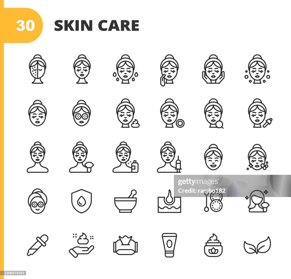 De Pictogrammen van de Lijn van de huidzorg. Bewerkbare lijn. Pixel Perfect. Voor mobiel en web. Bevat pictogrammen zoals Huidverzorging, Spa, Cosmetica, Wellness, Make-up, Hygiëne, Moisturizer, Dermatologie, Tillen, Bad, Gezichtsmasker, Detox, Peeling, C