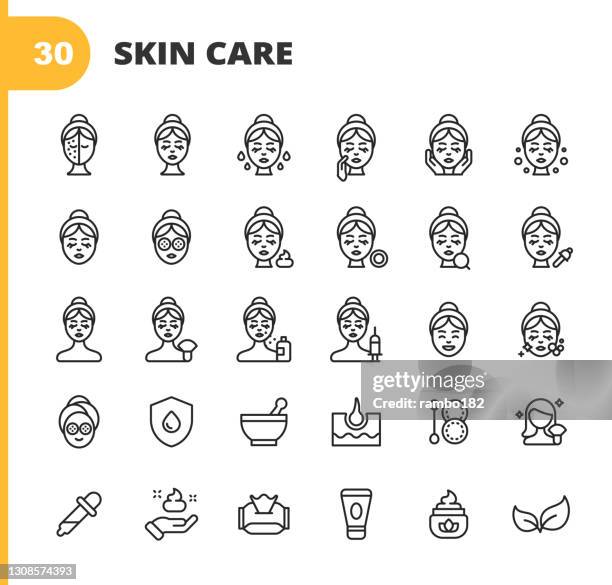 stockillustraties, clipart, cartoons en iconen met de pictogrammen van de lijn van de huidzorg. bewerkbare lijn. pixel perfect. voor mobiel en web. bevat pictogrammen zoals huidverzorging, spa, cosmetica, wellness, make-up, hygiëne, moisturizer, dermatologie, tillen, bad, gezichtsmasker, detox, peeling, c - pores