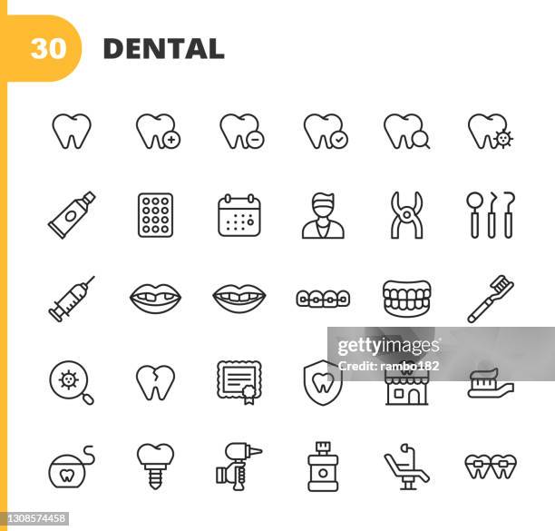 ilustraciones, imágenes clip art, dibujos animados e iconos de stock de iconos de línea dental. trazo editable. pixel perfecto. para móviles y web. contiene iconos tales como aparatos ortopédicos, dentaduras postizas, puente dental, dientes, inflamación, caries, taladro, dentista, implante dental, pasta de dientes, nippers - dentadura postiza