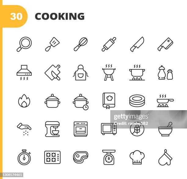 stockillustraties, clipart, cartoons en iconen met de pictogrammen van de kooklijn. bewerkbare lijn. pixel perfect. voor mobiel en web. bevat pictogrammen zoals pastry brush, spatula, whisk, rolling pin, frying pan, kitchen knife, paddle, fork, cooker hood, grill, pan, bowl, chef hat, microwave, chopping b - voedselbereiding