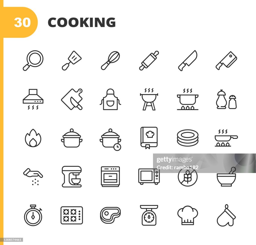 Cooking Line Icons. Editable Stroke. Pixel Perfect. For Mobile and Web. Contains such icons as Pastry Brush, Spatula, Whisk, Rolling Pin, Frying Pan, Kitchen Knife, Paddle, Fork, Cooker Hood, Grill, Pan, Bowl, Chef Hat, Microwave, Chopping Board, Food.