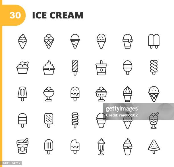 eis linie icons. bearbeitbarer strich. pixel perfekt. für mobile und web. enthält symboleische symbole wie eis, kegel, tiefkühlkost, sommer, vanilleeis, schokolade, tasse, snack, dessert, obst, milchprodukte, süßes essen, milch, waffeln, wassermelone, - yogurt stock-grafiken, -clipart, -cartoons und -symbole