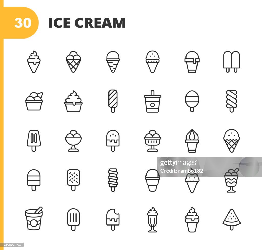 Ice Cream Line Icons. Editable Stroke. Pixel Perfect. For Mobile and Web. Contains such icons as Ice Cream, Cone, Frozen Food, Summer, Vanilla Ice Cream, Chocolate, Cup, Snack, Dessert, Fruit, Dairy Product, Sweet Food, Milk, Waffle, Watermelon, Sorbet.