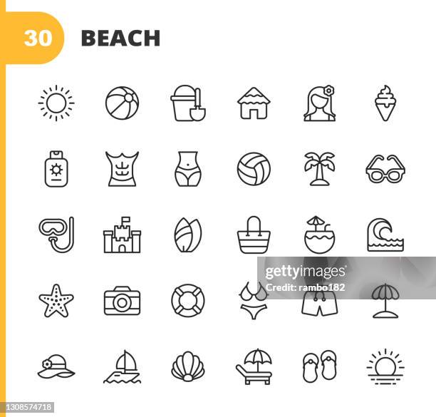 strandlinie icons. bearbeitbarer strich. pixel perfekt. für mobile und web. enthält symboleische symbole wie sonne, sommer, ball, eimer, eis, sonnencreme, six pack, sonnenbrille, tauchen, sandschloss, cocktail, wave, surfen, rettungsring, regenschirm, in - swimsuit icon stock-grafiken, -clipart, -cartoons und -symbole