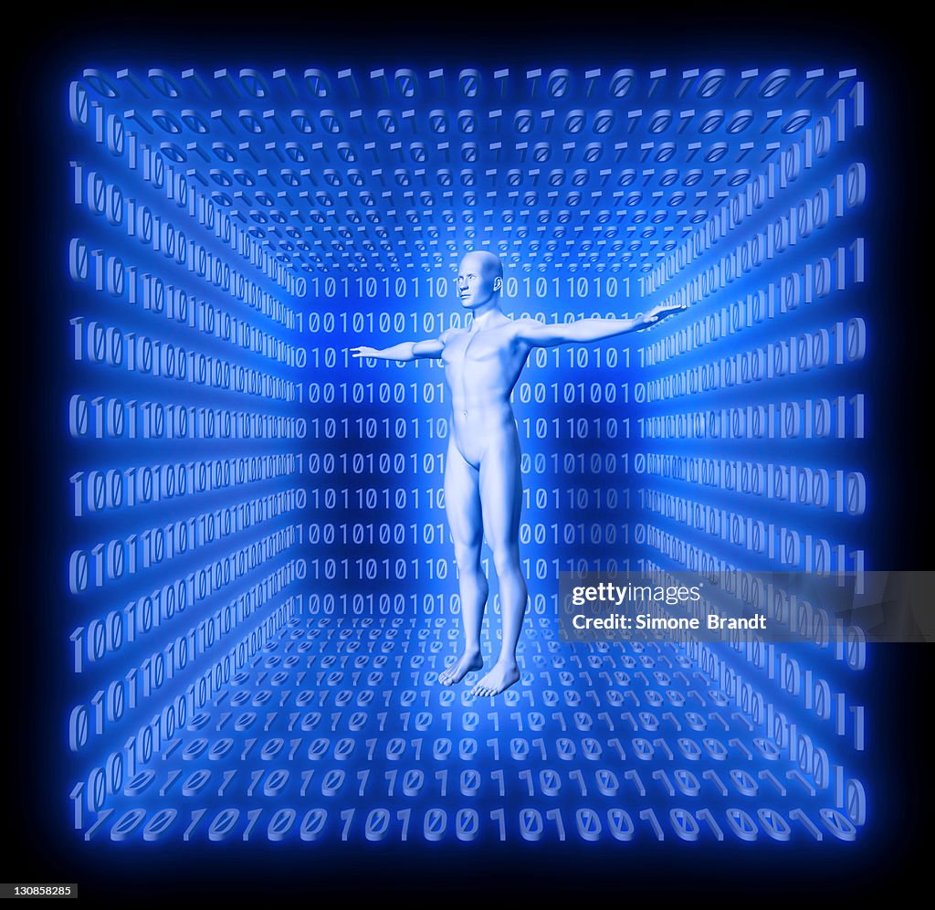Man in a futuristic room made from binary code, concept digitalisation, virtual reality, avatar