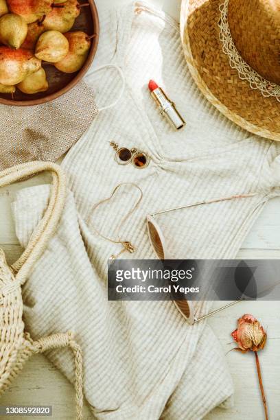 neutral fashion composition with women's accessories in blanket - bohemian background stock pictures, royalty-free photos & images
