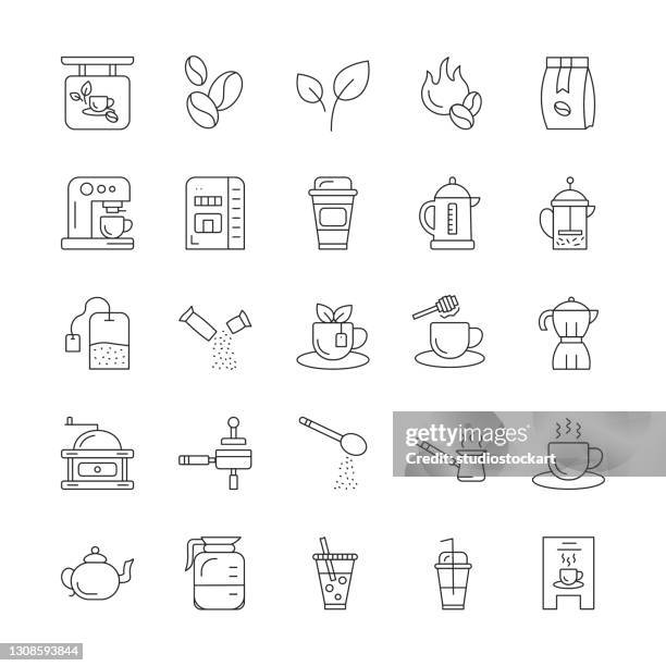 ilustrações de stock, clip art, desenhos animados e ícones de coffee shop line icon set. - mesa cafe manha