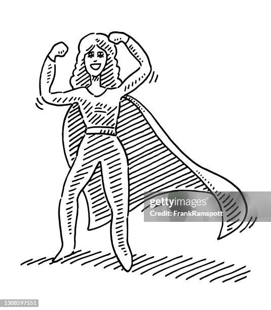 superhero woman powerful gesture drawing - cape garment stock illustrations