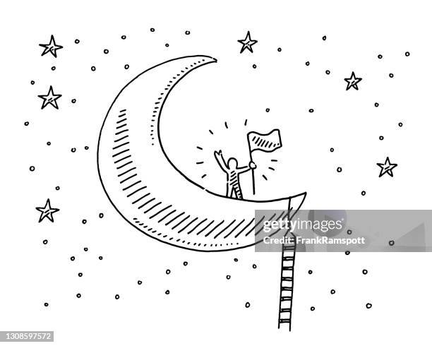 illustrazioni stock, clip art, cartoni animati e icone di tendenza di cartoon figura umana che raggiunge il disegno lunare - black white cartoon drawings