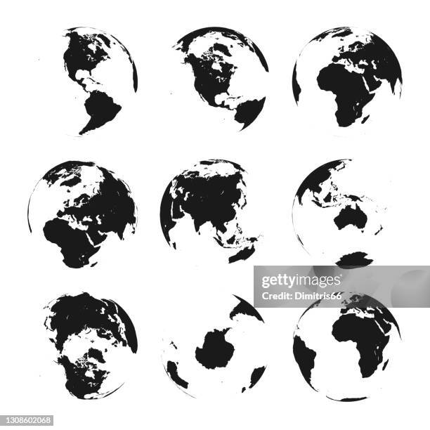 earth globe set from variant views - globe navigational equipment stock illustrations