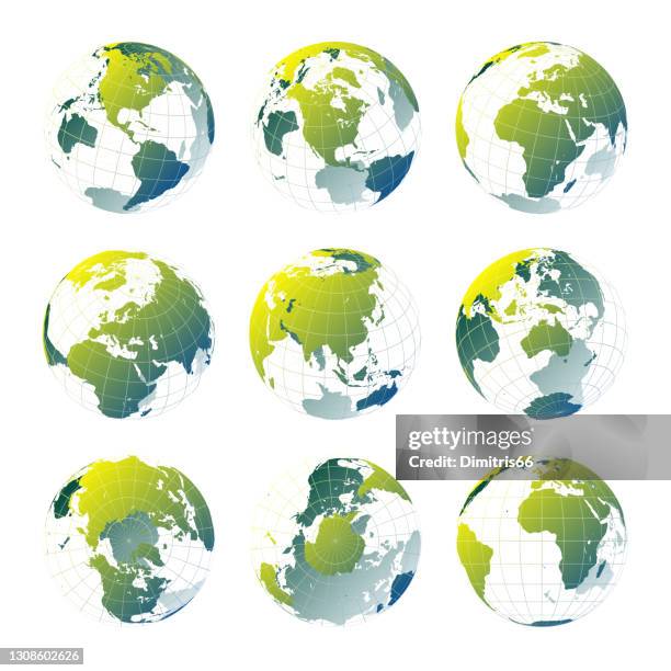 earth globe set from variant views with meridians and parallels. 3d vector illustration - latitude stock illustrations