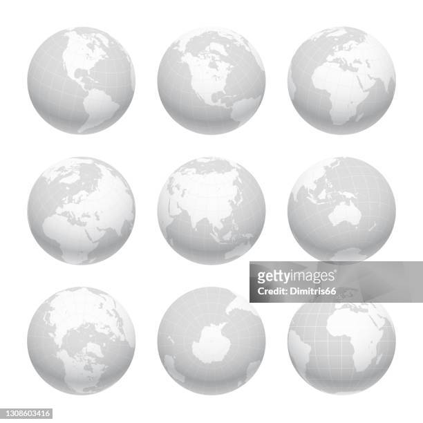 illustrazioni stock, clip art, cartoni animati e icone di tendenza di globo terrestre impostato da viste varianti con meridiani e paralleli. illustrazione vettoriale 3d - globo terrestre