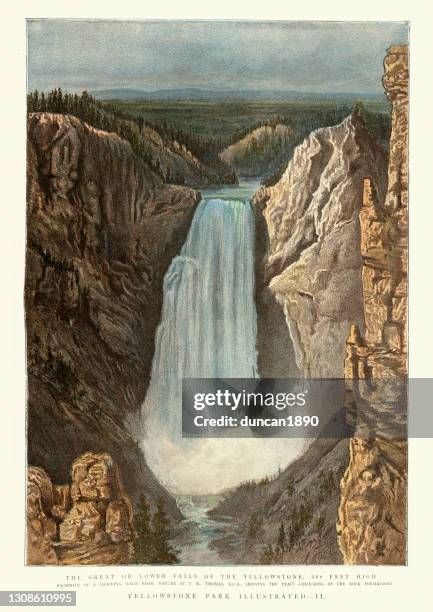 ilustrações, clipart, desenhos animados e ícones de grandes ou menores quedas da cachoeira yellowstone, do século xix vitoriano - canyon