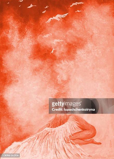 ilustrações, clipart, desenhos animados e ícones de ilustração a óleo pintura retrato figura de uma mulher com cabelos longos na forma de um anjo da guarda com asas protegendo seu filho contra o fundo em tons de sépia dos raios do sol e um céu claro - fantasia de anjo