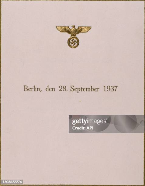 Menu d'un déjeuner à la chancellerie du troisième Reich, le 28 septembre 1937, à Berlin, Allemagne.