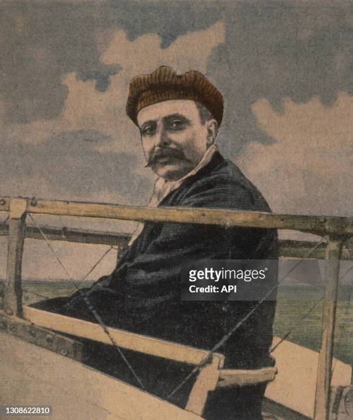 Portrait de l'aviateur français Louis Blériot, illustration publiée dans 'Le Parisien' le 8 août 1909.