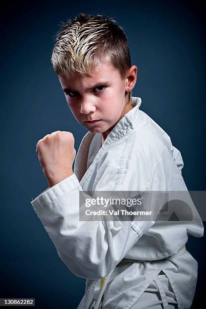 boy in a karate pose - bleek gezicht stockfoto's en -beelden