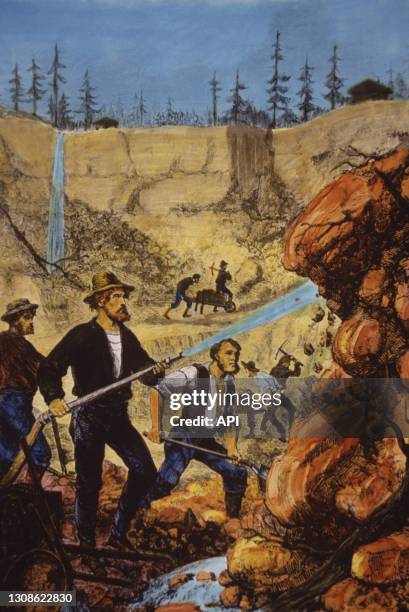 Chercheurs d'or pendant la ruée vers l'or en Californie, en 1859, Etats-Unis.