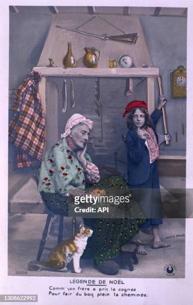 Enfant profitant du sommeil de sa grand-mère pour attraper une hache, carte de voeux du nouvel an de 1919.