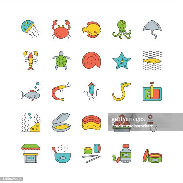 sea food line icon set. editable stroke - stingray stock illustrations