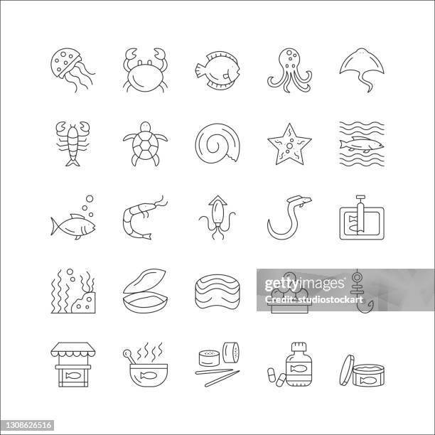 sea food line icon set. editable stroke - fish market stock illustrations