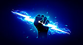 Vector Illustration Hand Holding Powerful Electric Lightning.