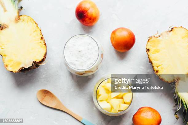 natural yoghurt with fresh fruit. yogurt with chia seeds. - coconut chunks stock pictures, royalty-free photos & images