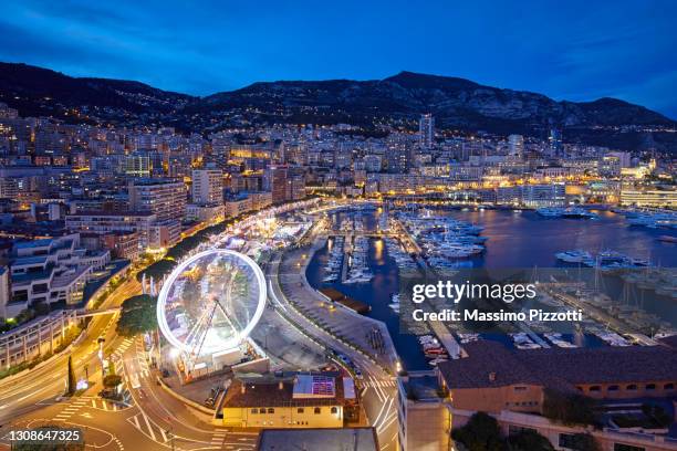 elevated view of montecarlo at night - monte carlo aerial stock pictures, royalty-free photos & images