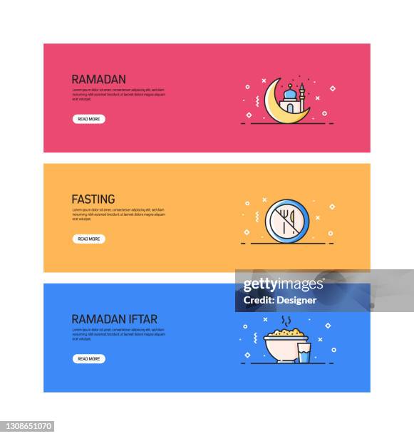 ramadan related flat line banner design with icons - kuwait landmark stock illustrations