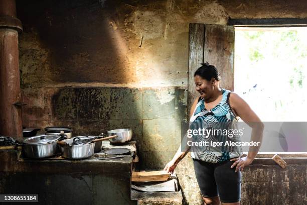 donna che prepara il pranzo nella stufa a legna - goías foto e immagini stock