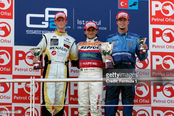 Series. Round 2. Istanbul Park,.Istanbul Turkey. 10th May. Saturday Race. .Giorgio Pantano celebrates victory on the podium with Romain Grosjean and...