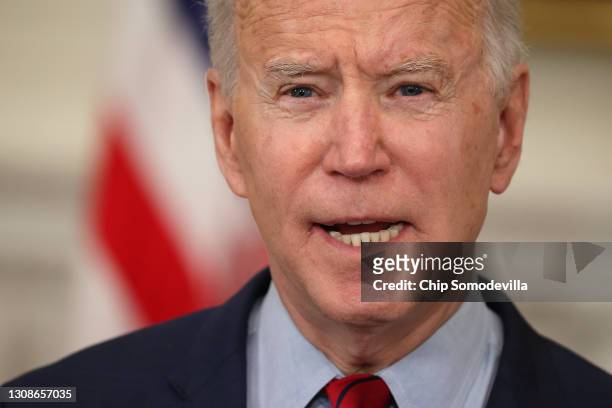 President Joe Biden delivers remarks about Monday's mass shooting in Boulder, Colorado, in the State Dining Room at the White House on March 23, 2021...
