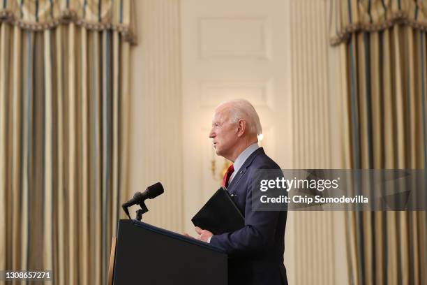 President Joe Biden delivers remarks about Monday's mass shooting in Boulder, Colorado, in the State Dining Room at the White House on March 23, 2021...