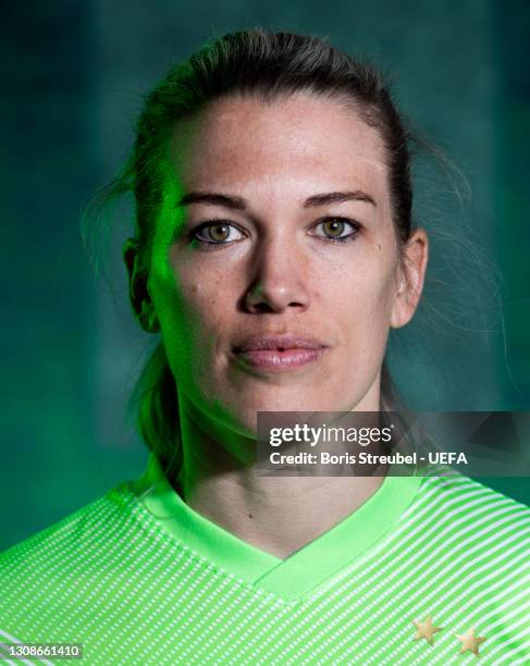 Lara Dickenmann of Wolfsburg poses during the UEFA Women's Champions League Portraits at Wolfsburg Training Ground on March 18, 2021 in Wolfsburg,...