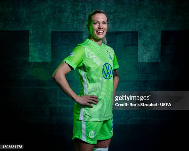 Lara Dickenmann of Wolfsburg poses during the UEFA Women's Champions League Portraits at Wolfsburg Training Ground on March 18, 2021 in Wolfsburg,...