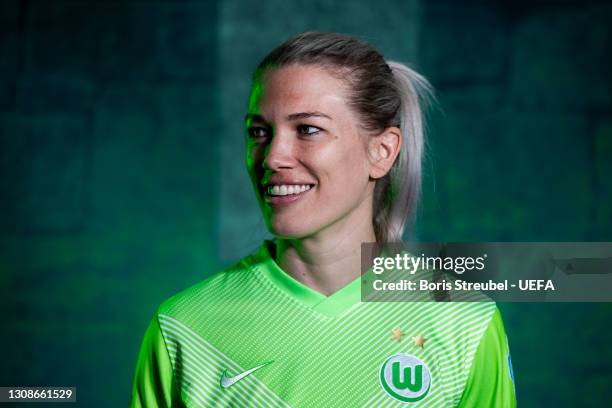 Lara Dickenmann of Wolfsburg poses during the UEFA Women's Champions League Portraits at Wolfsburg Training Ground on March 18, 2021 in Wolfsburg,...