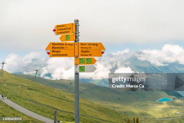 gele wandelborden in de zwitserse alpen dichtbij de regio jungfrau met alpiene panorama op de achtergrond - eiger mönch jungfrau stockfoto's en -beelden