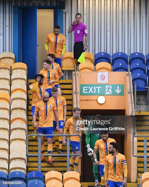 James Perch of Mansfield Town leads his team out for the Sky Bet League Two match between Mansfield Town and Forest Green Rovers at One Call Stadium...