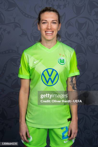 Lara Dickenmann of Wolfsburg poses during the UEFA Women's Champions League Portraits at Wolfsburg Training Ground on March 18, 2021 in Wolfsburg,...