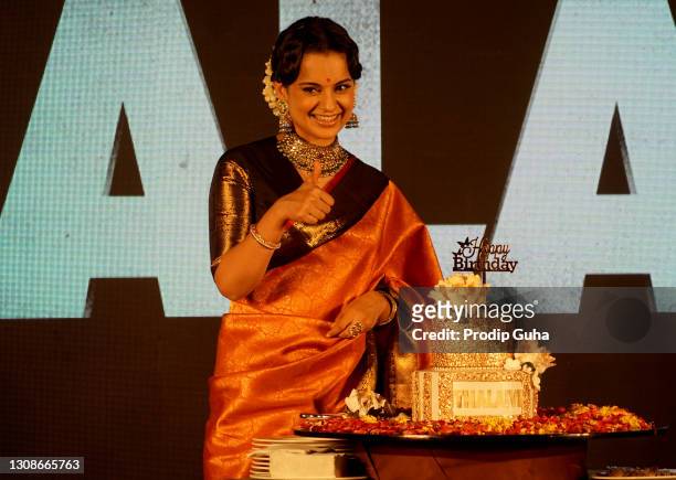 Kangana Ranaut attends the trailer launch film 'Thalaivi' and celebrates her birthday on March 23, 2021 in Mumbai, India