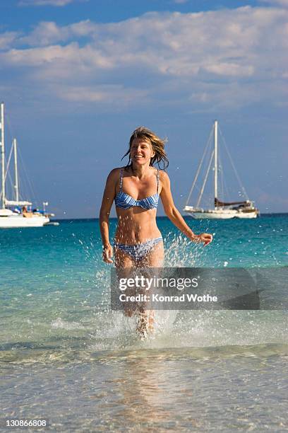 woman, 35 years old, at cala brandinchi beach, mediterranean, east coast, sardinia, italy, europe - 35 39 years stock-fotos und bilder
