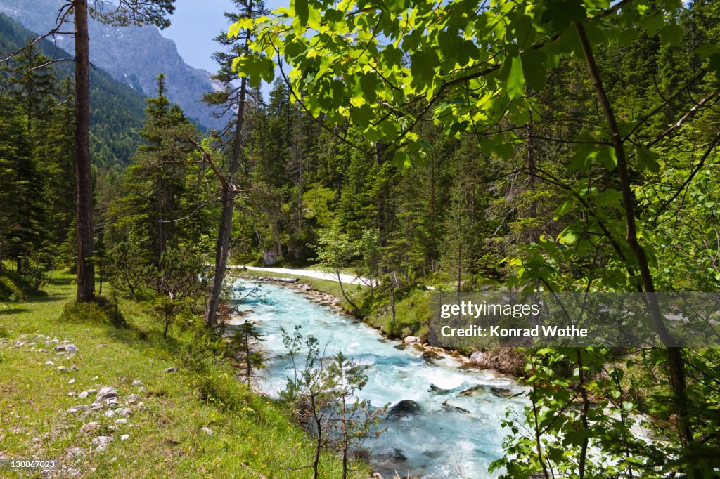 Upper Isar river, biking tour to the origin of Isar river, Hinterautal, Karwendel mountains, Alps, Tirol, Austria, Europe