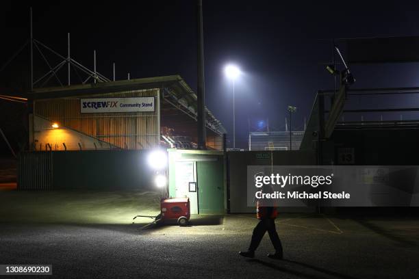 Lone steward parades the outside of the ground ahead of the Vanarama Nationa League match between Yeovil Town and Notts County at Huish Park on March...