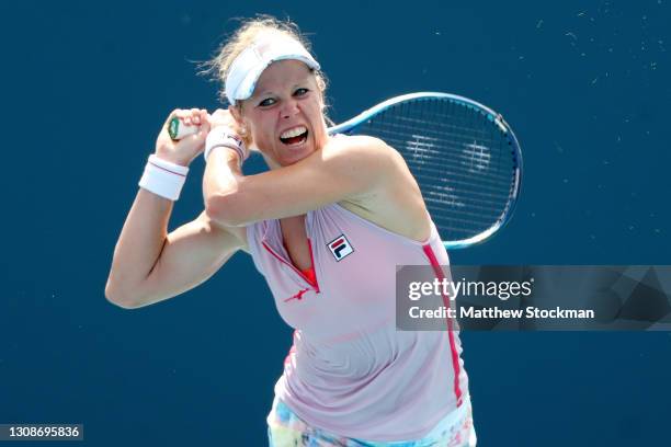 Laura Siegemund of Germany returns a shot to Christina McHale during the Miami Open at Hard Rock Stadium on March 23, 2021 in Miami Gardens, Florida.