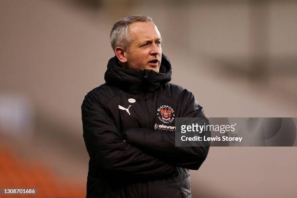 Neil Critchley, Manager of Blackpool reacts prior to the Sky Bet League One match between Blackpool and Peterborough United at Bloomfield Road on...