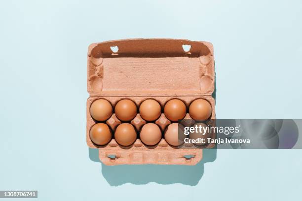 organic eggs in cartons tray on blue background. flat lay, top view - plateau stockfoto's en -beelden