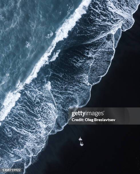 drone aerial view of wedding couple walking by black sand ocean beach with huge waves in bali. top view - indonesia beach stock pictures, royalty-free photos & images