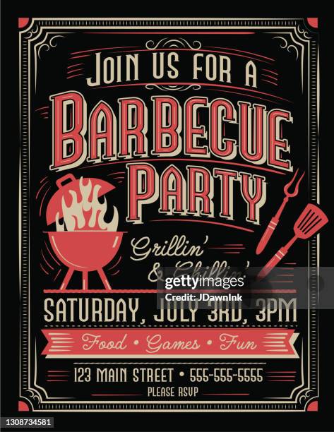 illustrations, cliparts, dessins animés et icônes de modèle de conception d’invitation à la mode et stylisé de partie de barbecue pour des barbecues et des célébrations d’été - repas entre amis